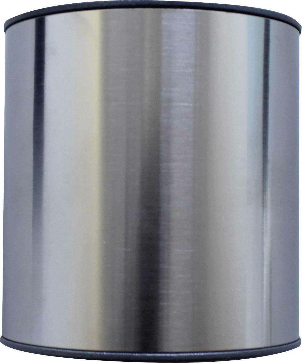 Boîte métallique cylindrique en argent, sans étiquette ni inscription. Surface lisse, adaptée au stockage de liquides ou de matériaux en vrac.