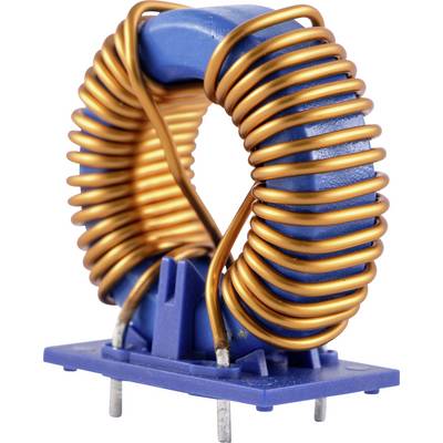Noyau ferrite bleu enroulé de fil de cuivre, monté sur un socle en plastique bleu avec des broches métalliques pour le circuit électronique.