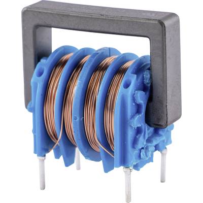 Un noyau de ferrite bleu avec trois bobines de cuivre, monté sur un cadre rectangulaire, avec des broches de connexion sur la face inférieure.