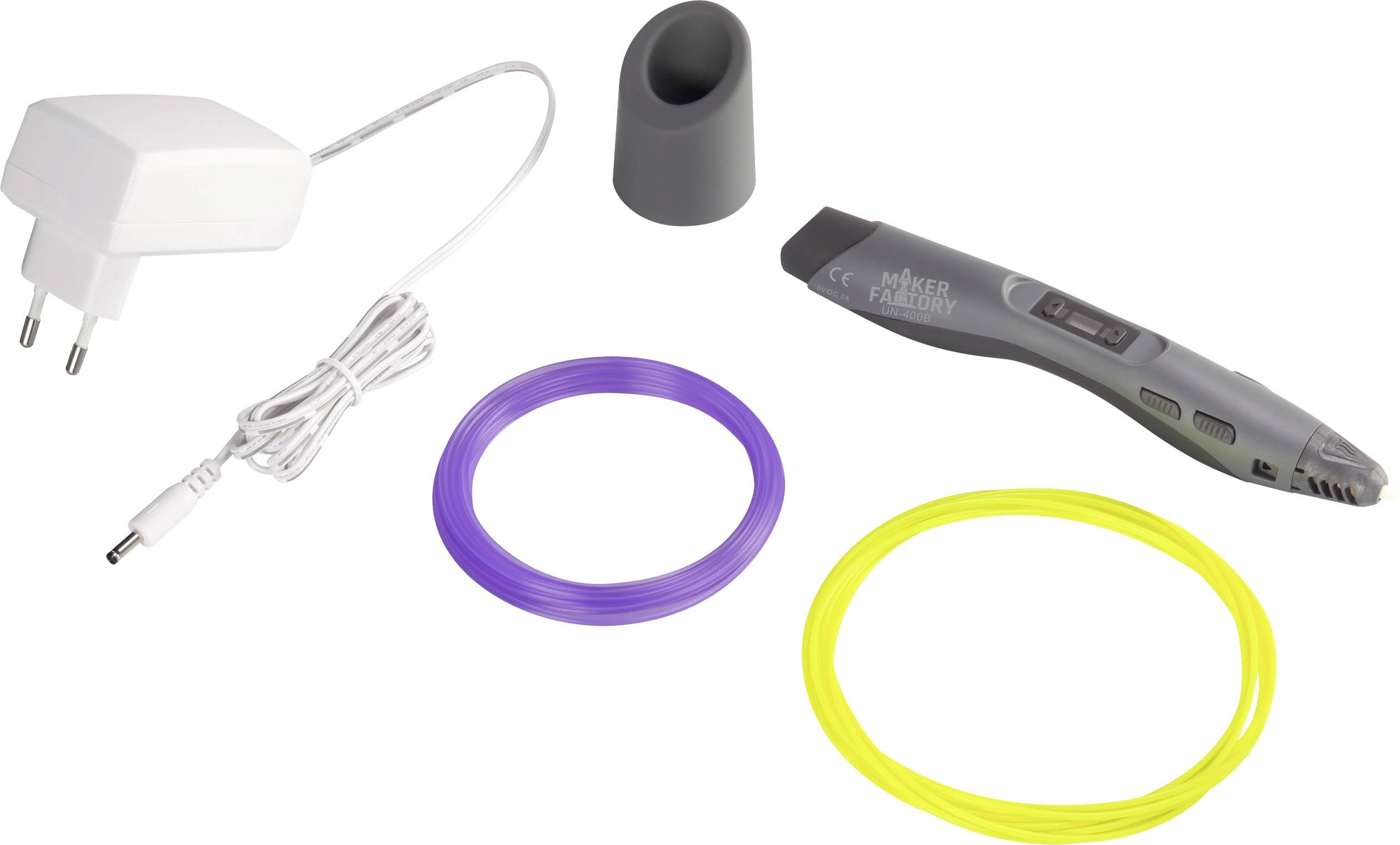 Kit de stylo d'impression 3D avec adaptateur secteur, stylo gris, filament violet et jaune, et support de stylo assorti. Idéal pour des projets créatifs.