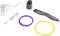 Kit de stylo d'impression 3D avec adaptateur secteur, stylo gris, filament violet et jaune, et support de stylo assorti. Idéal pour des projets créatifs.