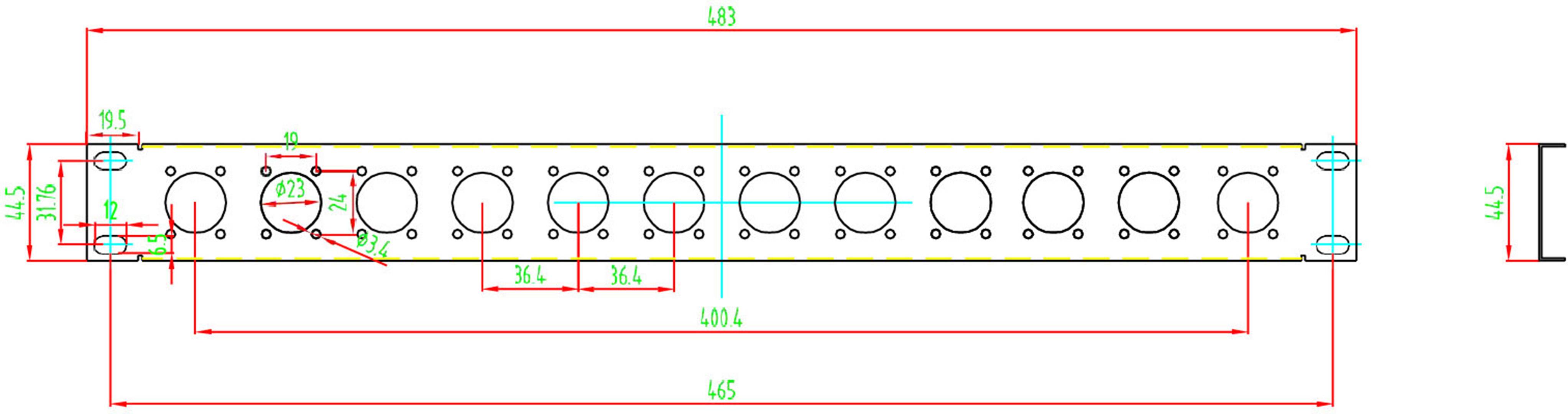 Dessin technique d'une plaque métallique avec onze découpes circulaires de diamètres 4,3 et 6,5 mm, longueur 425 mm, largeur 44,5 mm.