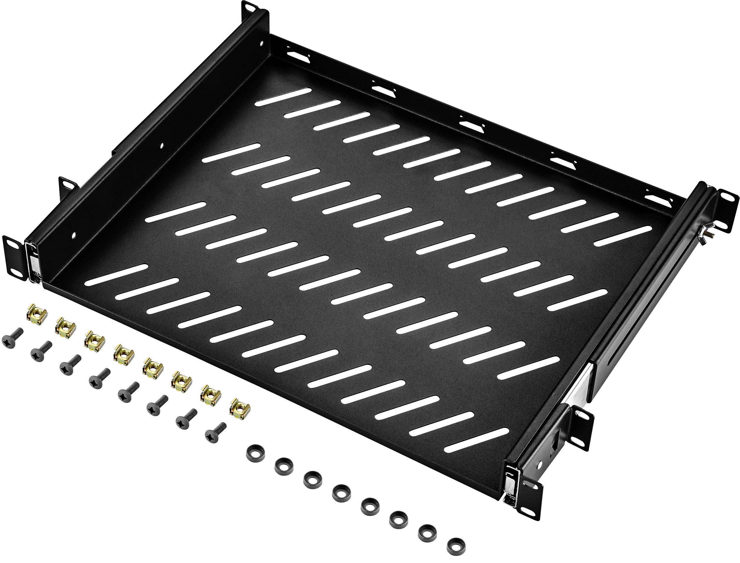 Un étagère métallique noire avec des fentes, comprenant des vis et des boulons, adaptée à l'installation dans un système de rack.
