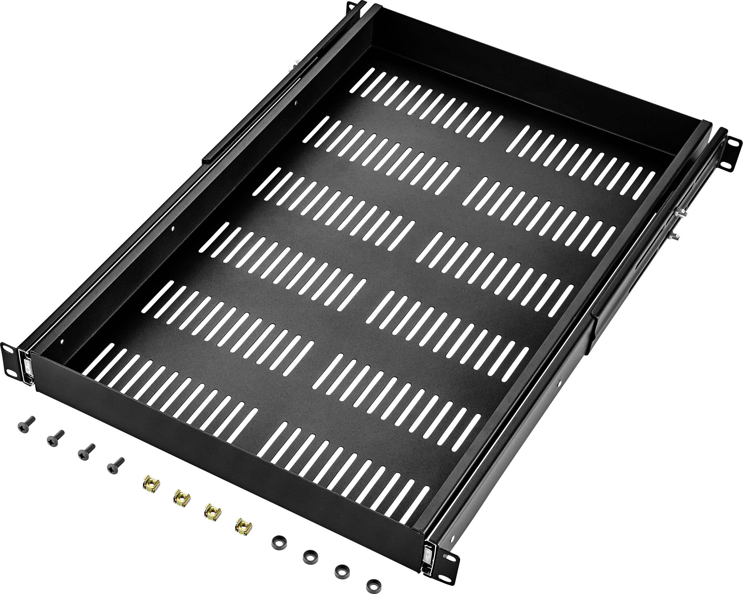 Module de rack noir perforé avec accessoires de montage, comprenant des vis et des entretoises. Idéal pour les baies de serveurs.
