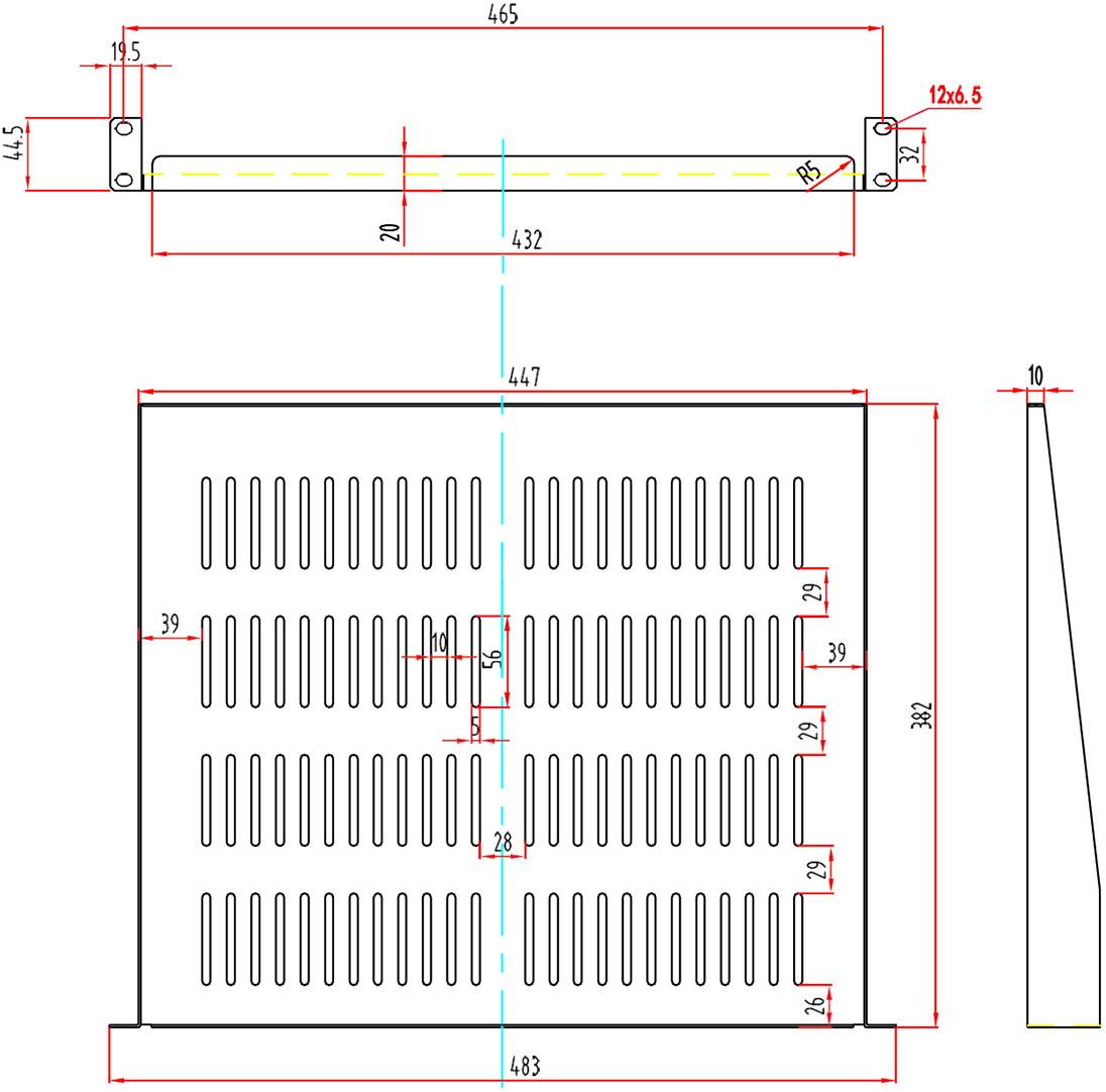 Plan technique d'une plaque métallique ventilée avec dimensions et fentes. Vue de dessus en haut, vue de face avec motif de perforations en bas, vue latérale droite à droite.
