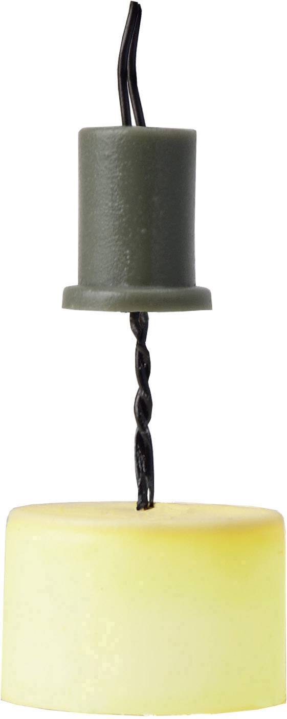 Un bouchon vert avec un fil noir se terminant dans un cylindre de cire jaunâtre.