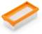 Un filtre à air rectangulaire orange et blanc dans un cadre en plastique.