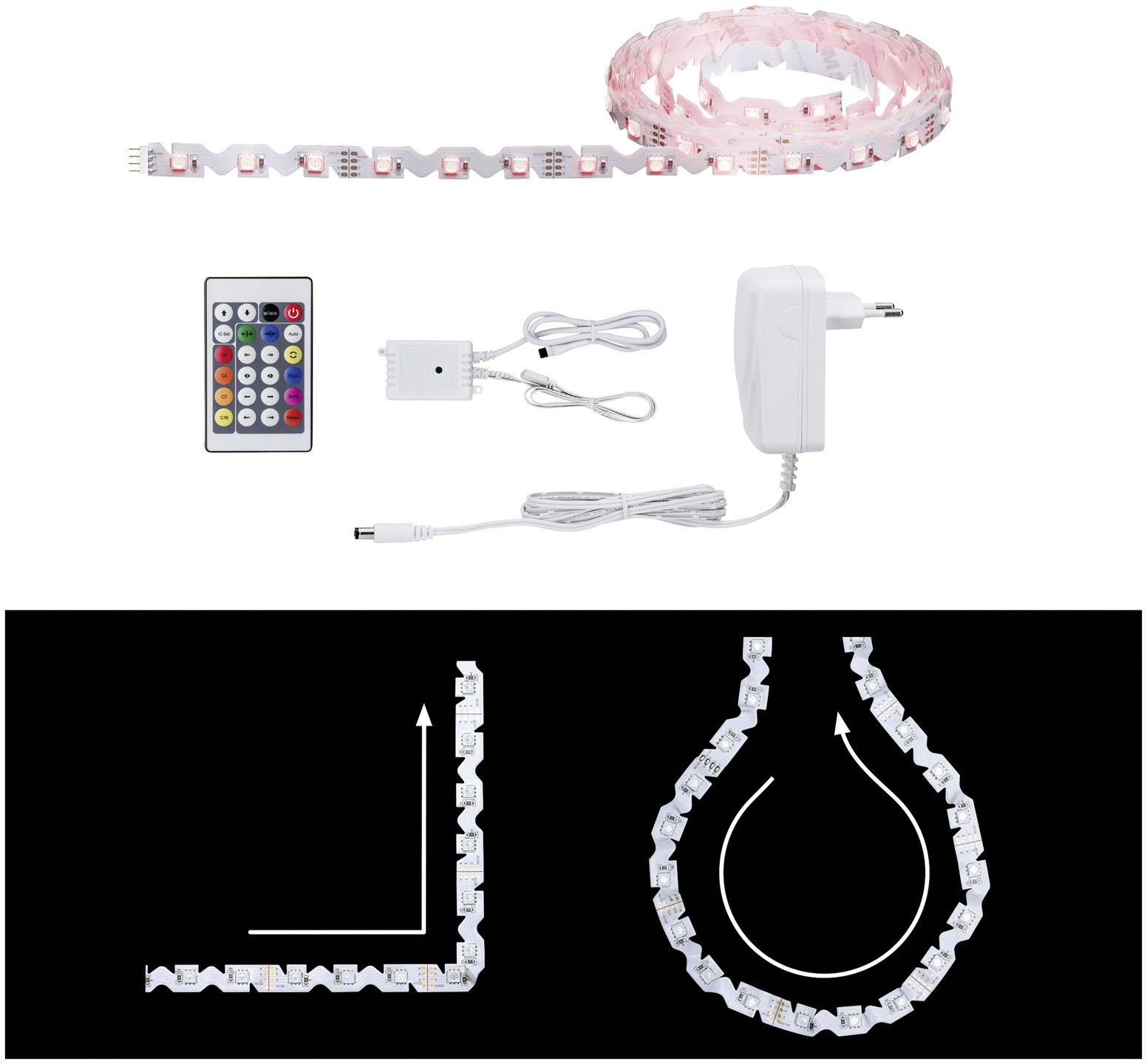 Ensemble de bandes lumineuses LED avec télécommande, boîtier de commande et bloc d'alimentation. Deux diagrammes illustrent les différentes possibilités d'agencement flexible.