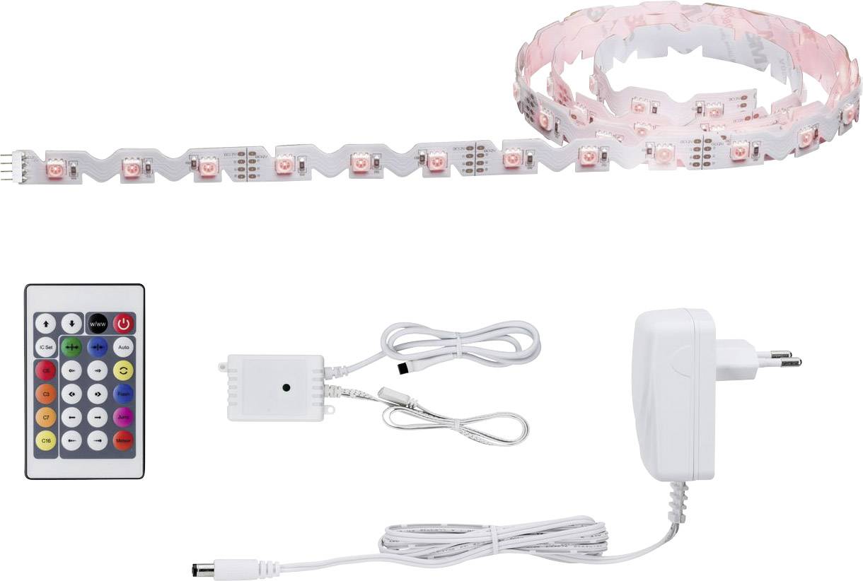 Barre lumineuse à LED avec télécommande, adaptateur et boîtier de commande. La barre comprend des LED rouges et est flexible. Idéale pour l'éclairage décoratif.