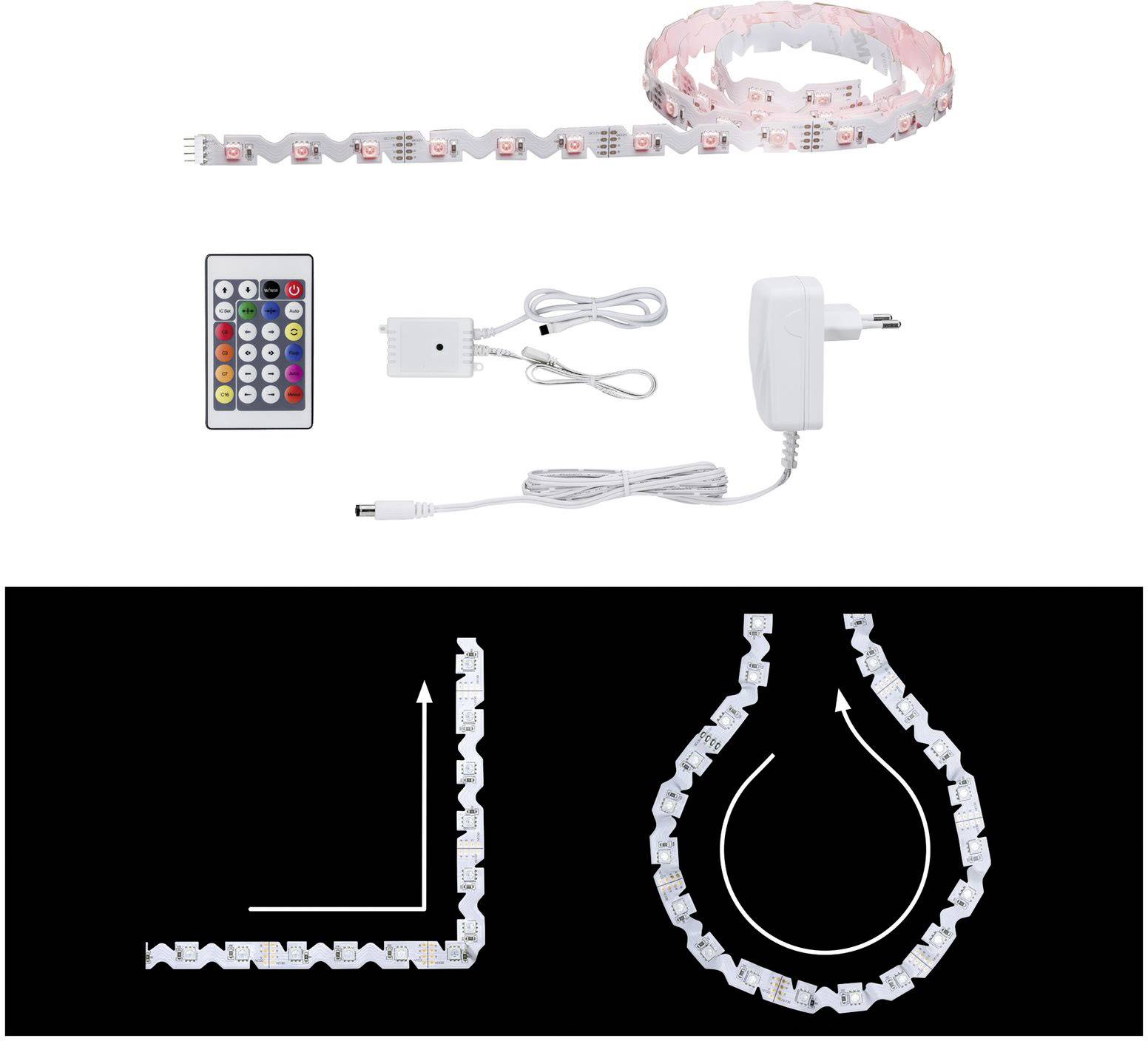 Ensemble de bandes lumineuses LED avec télécommande, alimentation et bandes flexibles adaptables en différentes formes. Idéal pour un éclairage décoratif.