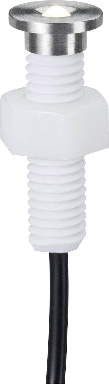 Un disjoncteur blanc en plastique avec un filetage à vis et un câble noir, avec un bouton métallique en haut.