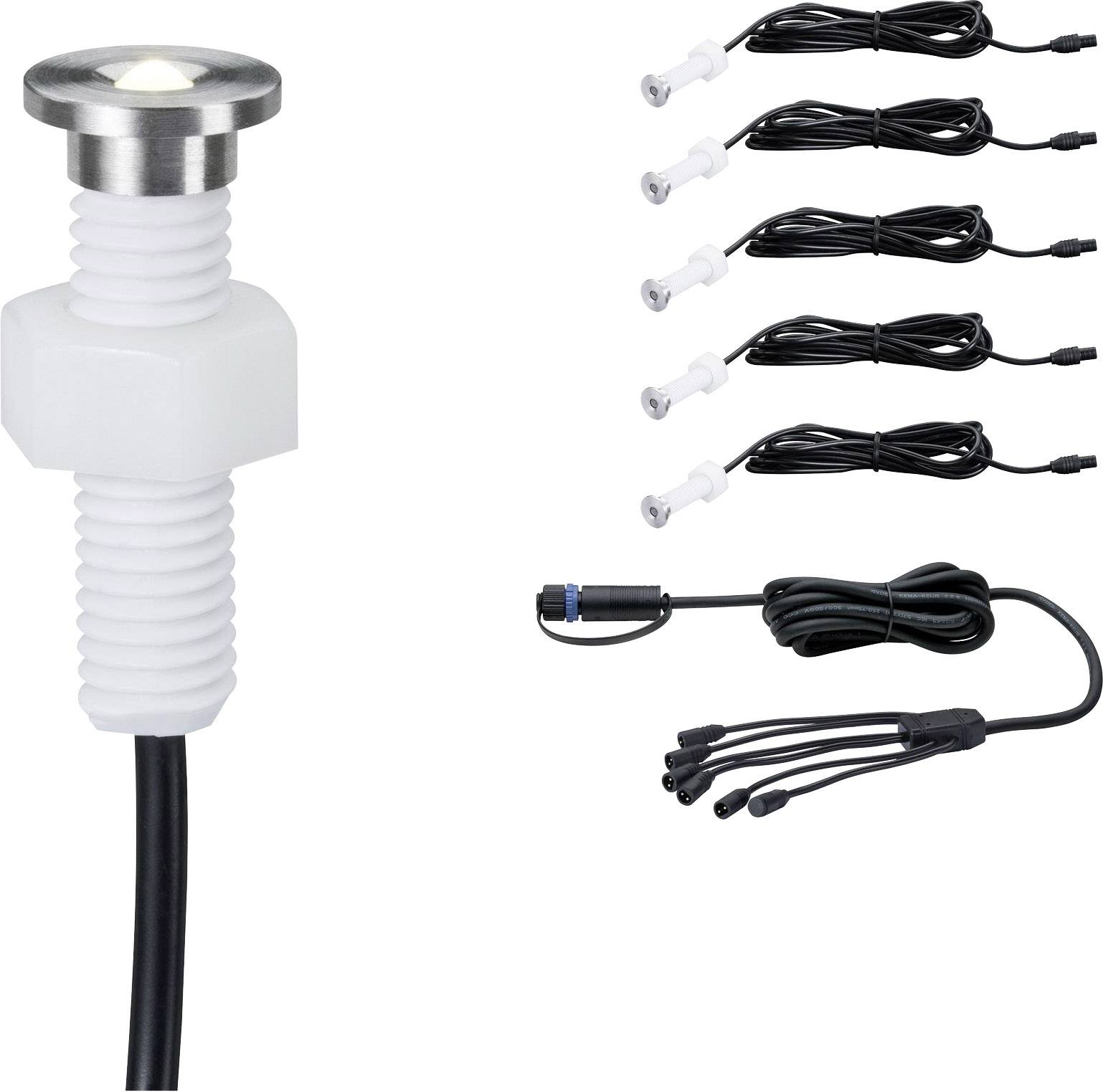 'Ensemble de lampes LED avec câbles de connexion et de rallonge. Adapté à l'éclairage de jardin ou extérieur. Contient 5 petites lampes.'