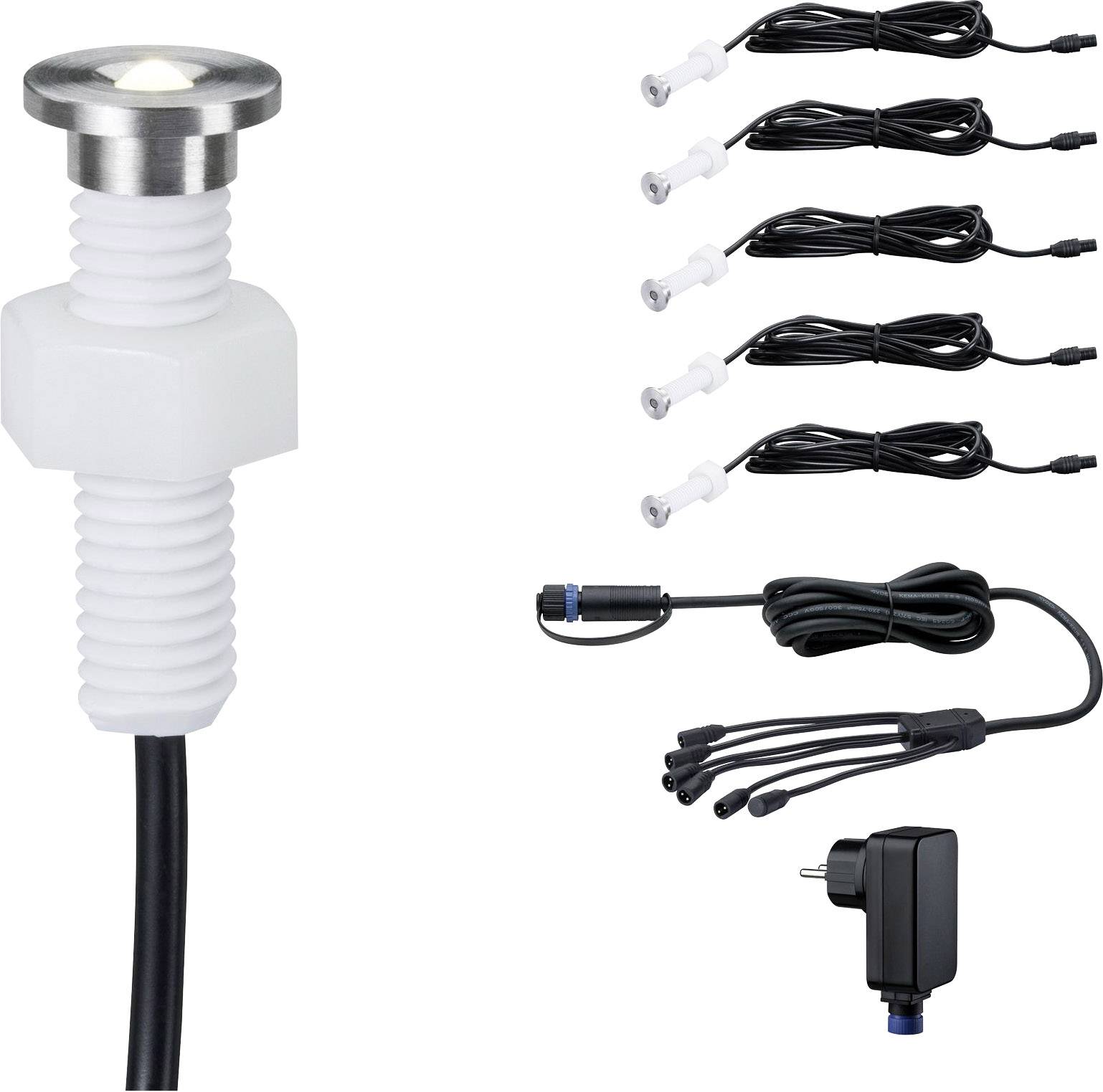 Ensemble de spots LED encastrables ronds avec câbles et alimentation, présentant les composants pour un éclairage encastré.