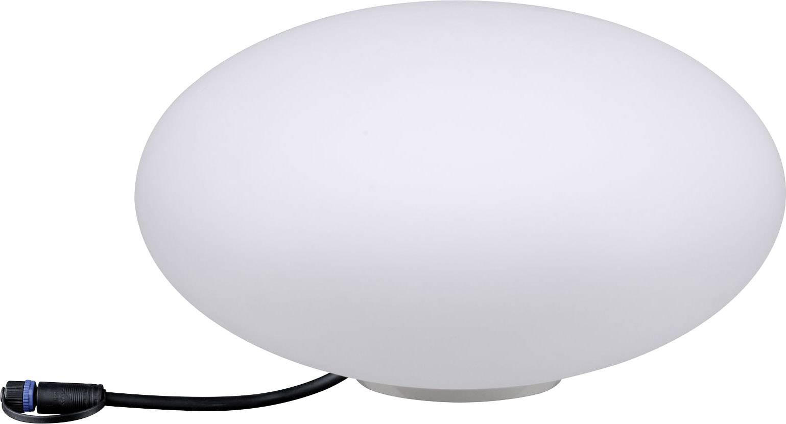 Lampe LED blanche ovale, avec câble noir, adaptée pour une utilisation extérieure.
