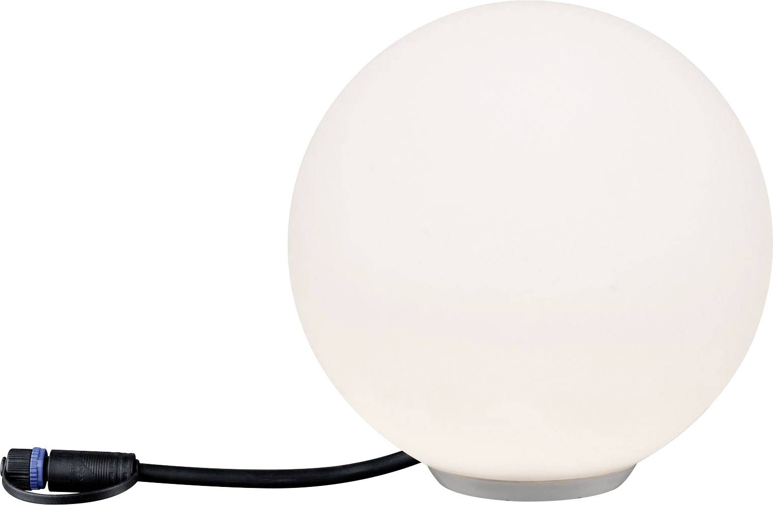Lampe blanche, de forme sphérique, avec un câble noir, adaptée pour une installation à l'intérieur ou à l'extérieur.