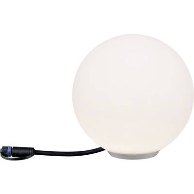 Lampe blanche, de forme sphérique, avec un câble noir, adaptée pour une installation à l'intérieur ou à l'extérieur.