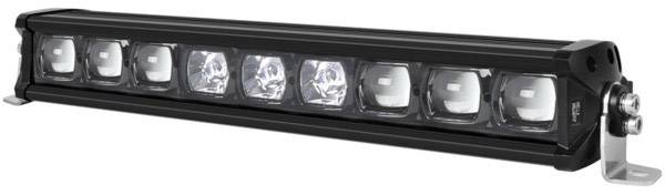 Barre lumineuse LED noire avec dix projecteurs carrés alignés, fixée latéralement sur un support de montage.