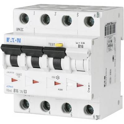 Un disjoncteur multipolaire Eaton, modèle B16, avec bouton de test. Utilisé pour interrompre le circuit électrique en cas de surcharge.