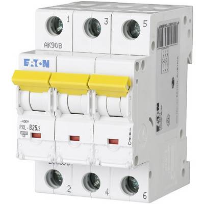 Un disjoncteur tripolaire de marque Eaton avec leviers jaunes, désigné comme 'PXL - B25/3', utilisé dans les circuits électriques.
