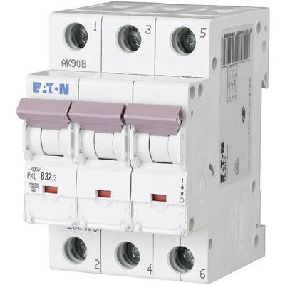 Un disjoncteur tripolaire Eaton, modèle PXL-B32/3, pour la protection électrique dans les installations électriques.