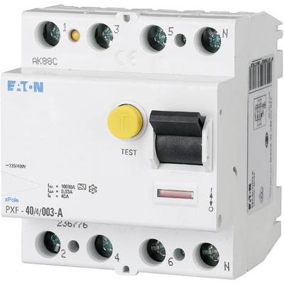 Un disjoncteur différentiel blanc de Eaton avec bouton de test et commutateur, utilisé pour la protection contre les courants de défaut électrique.