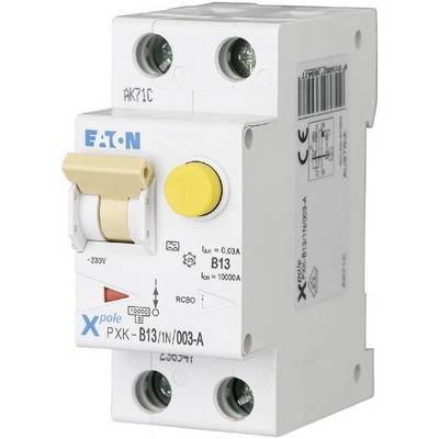 Un disjoncteur bipolaire Eaton, modèle PXX-B13/1N/003-A, avec un bouton de test jaune et un interrupteur de protection contre les surintensités.