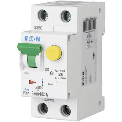 Un disjoncteur blanc de marque Eaton avec interrupteur à bascule vert et bouton de test jaune, conçu pour 230V et 6A.