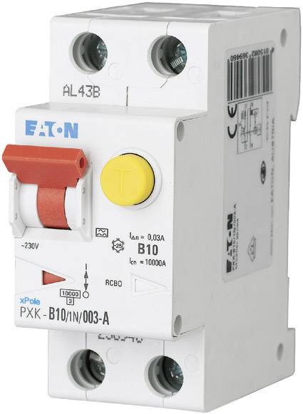 Un disjoncteur bipolaire Eaton, modèle PXK-B10/1N/003-A, avec interrupteur rouge et bouton de test jaune.