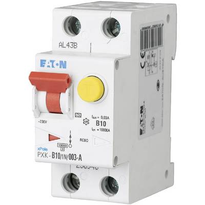 Un disjoncteur bipolaire Eaton, modèle PXK-B10/1N/003-A, avec interrupteur rouge et bouton de test jaune.