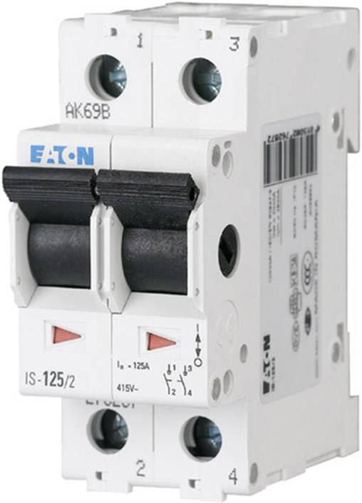 Un disjoncteur bipolaire Eaton avec des marquages pour les intensités de courant et la tension, adapté à la protection des installations électriques.
