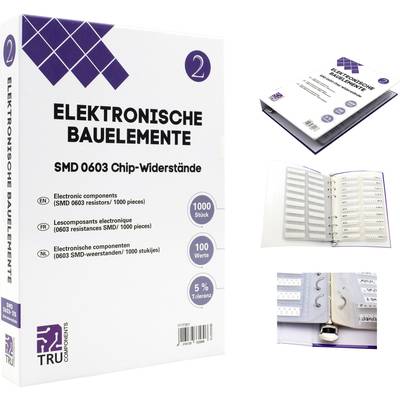 Boîte blanche portant l'inscription 'Composants électroniques CMS 0603 Résistances chip'. Contient un dossier avec 1000 résistances.