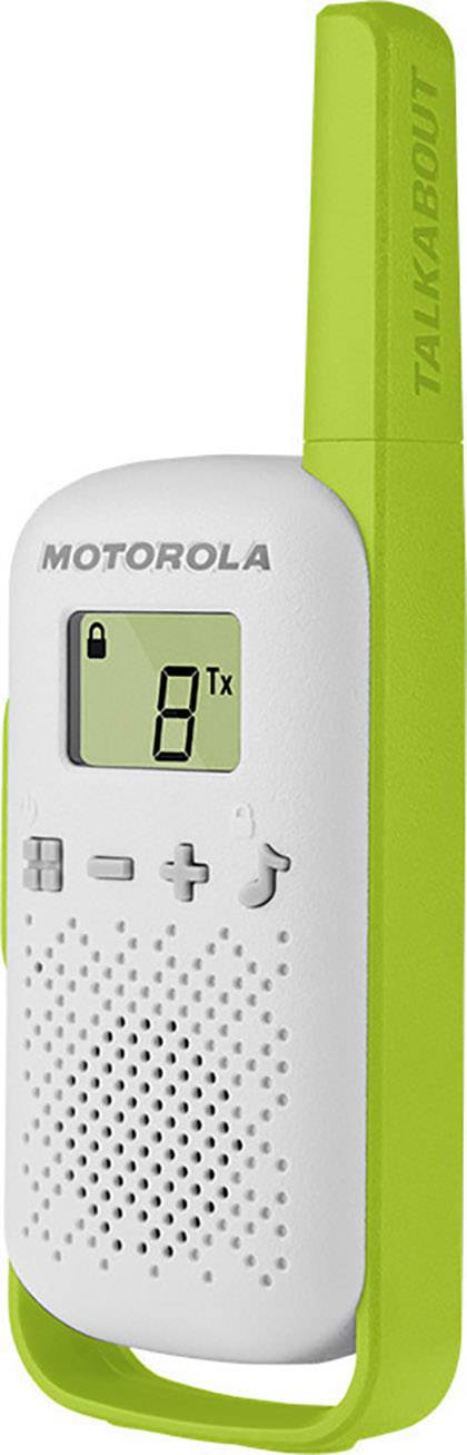 Un talkie-walkie blanc et vert avec un affichage numérique '8 Tx' et des commandes en dessous.