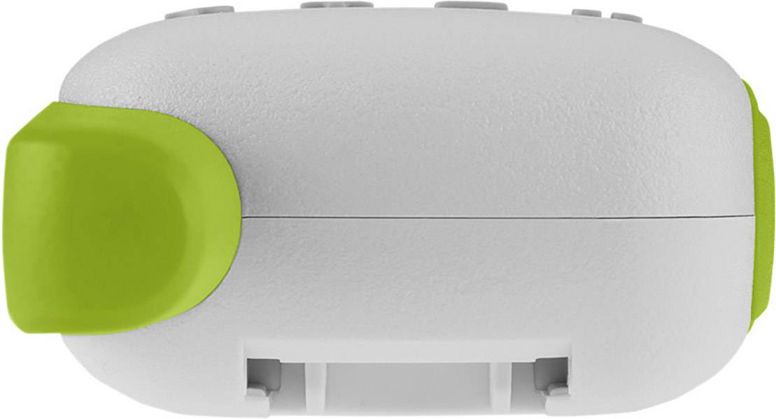 Un appareil blanc et vert alimenté par batterie, doté d'un clip vert et pratique sur le côté, probablement conçu pour une utilisation externe.