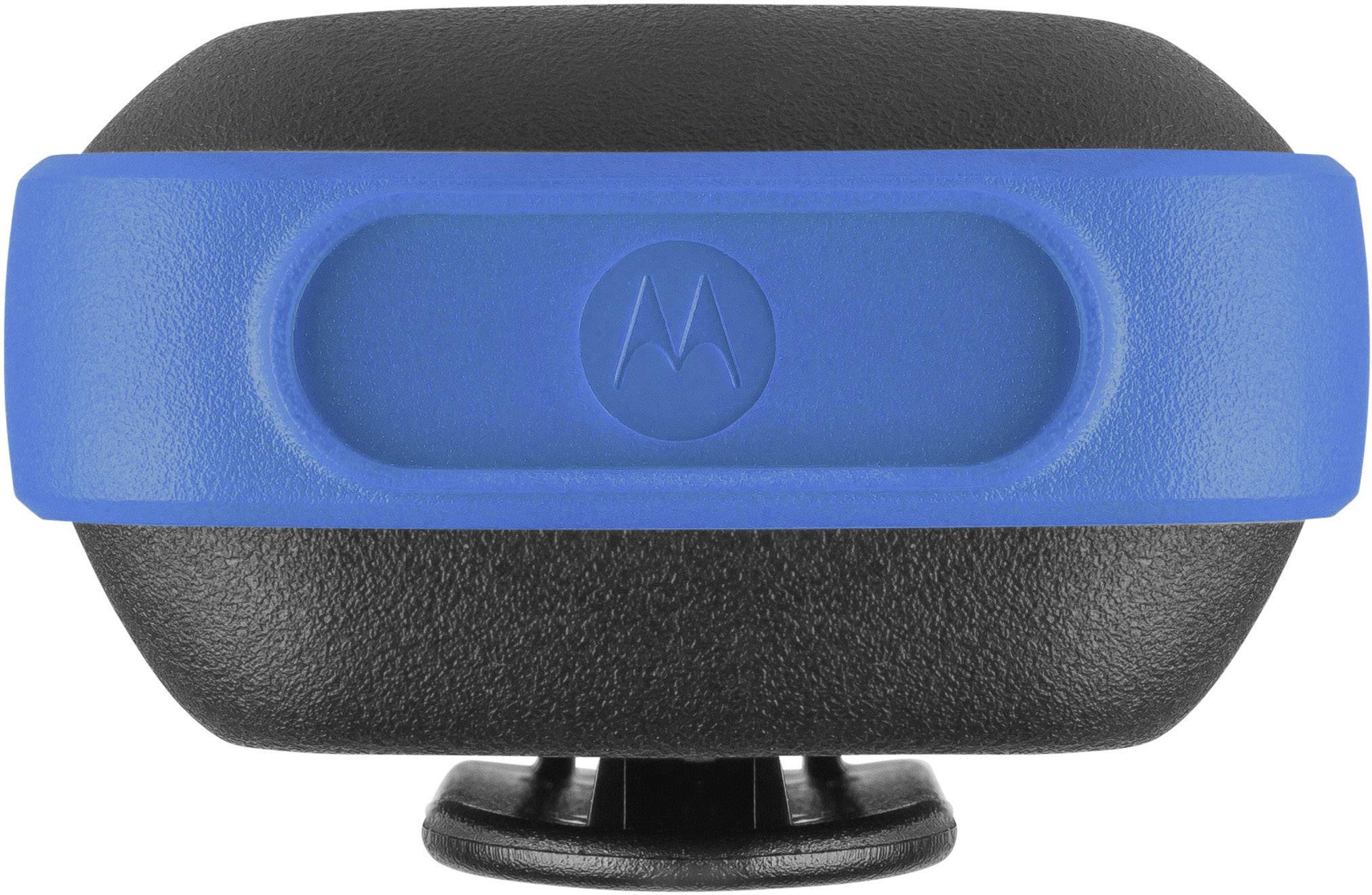 Un appareil compact, noir et bleu, probablement un accessoire électronique, doté d'un support permettant une installation stable.