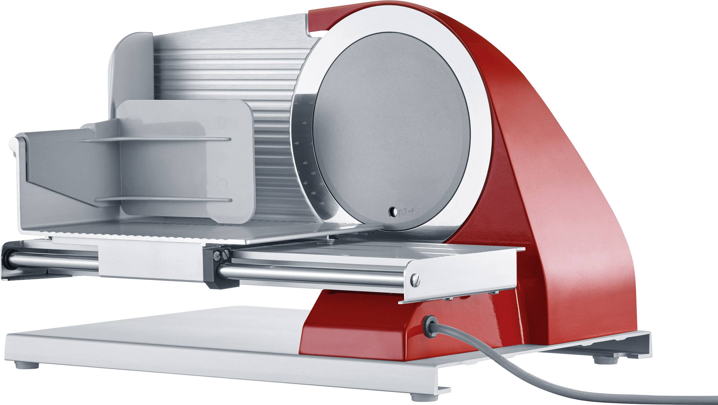 Coupe-tout électrique en rouge et argent. Idéal pour couper précisément le pain, la viande, le fromage et plus encore.