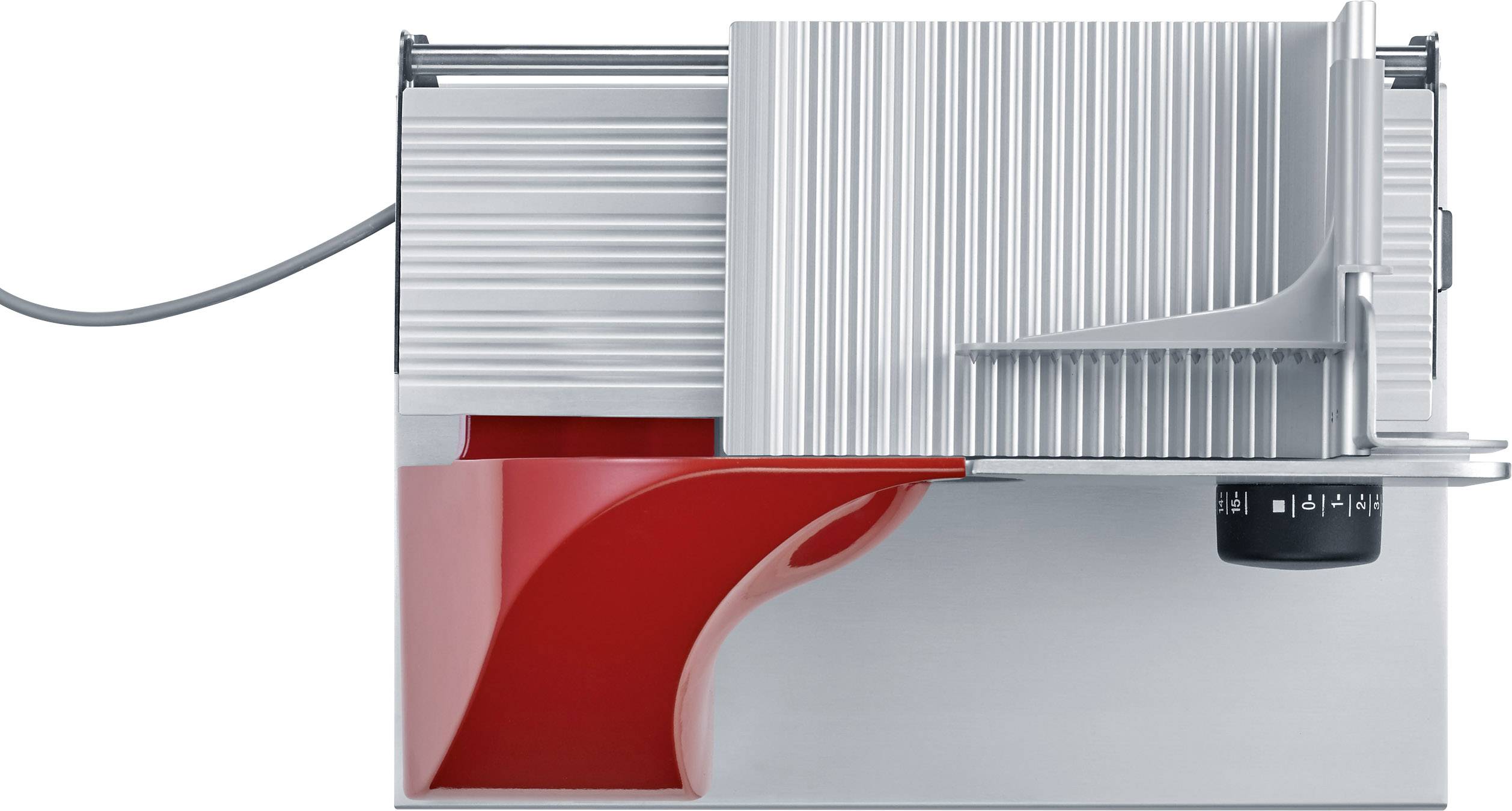 Coupe-aliments électrique en vue latérale avec boîtier gris et zone d'insertion rouge. Bouton de réglage de coupe situé à droite.