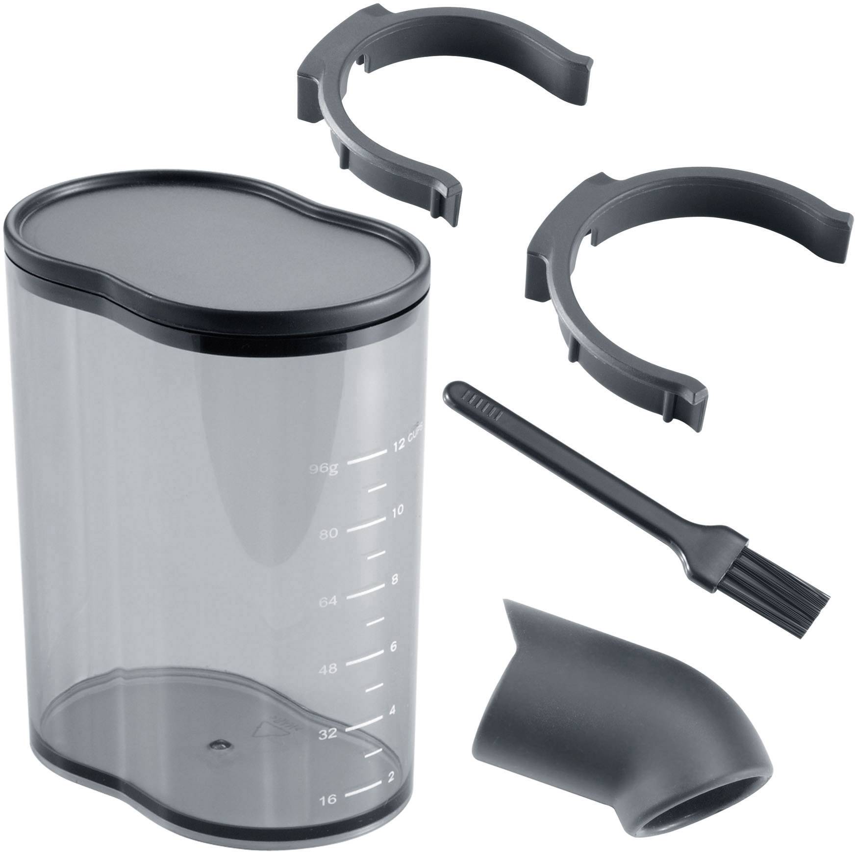 'Récipient transparent gradué, avec deux anneaux en plastique, brosse de nettoyage et embout. Accessoire pour appareil de cuisine.'