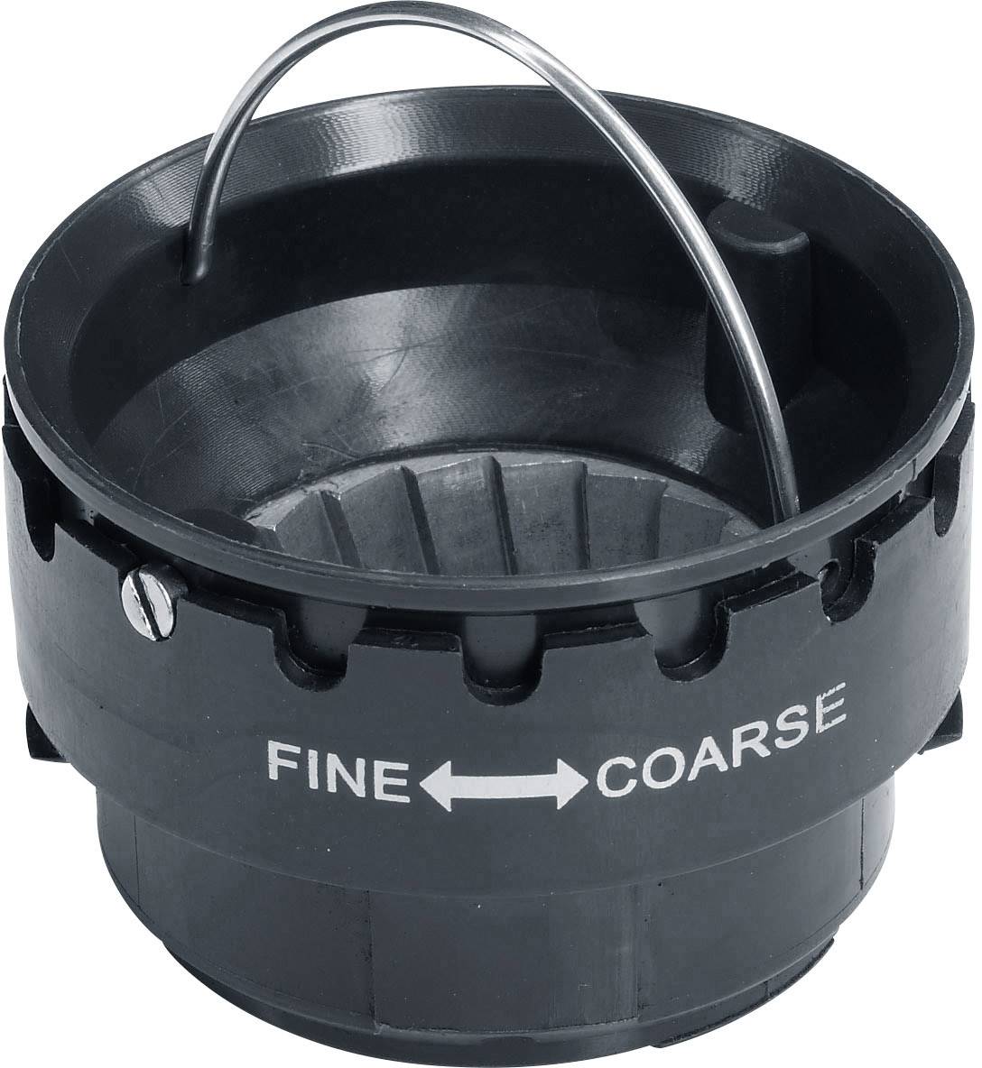 Moulin noir, rond, avec réglage pour mouture fine et grossière, équipé d'une poignée métallique. Marqué 'FINE' et 'COARSE', reliés par des flèches.