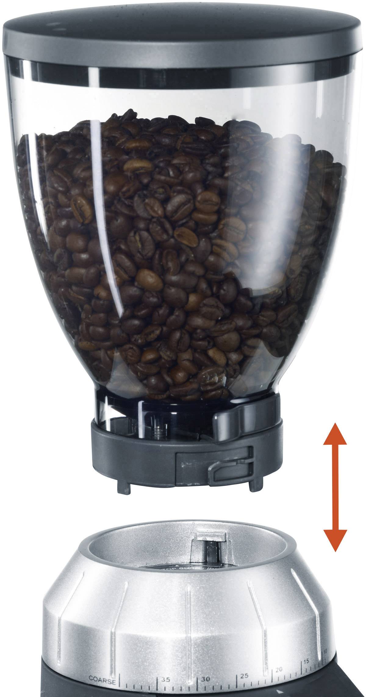 Moulin à café avec réservoir de grains, rempli de grains de café. Une double flèche rouge pointe vers le réservoir de grains et la base.