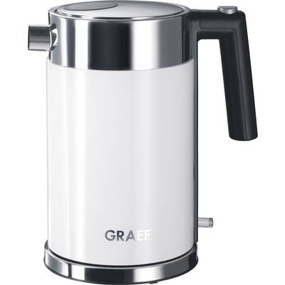 Une bouilloire électrique moderne en acier inoxydable et plastique blanc, avec une poignée noire et l'inscription 'GRAEF' à l'avant.