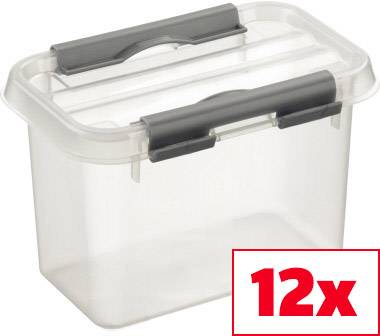 Contenant de rangement transparent avec un couvercle à fermeture grise, un symbole rouge "12x" en bas à droite.