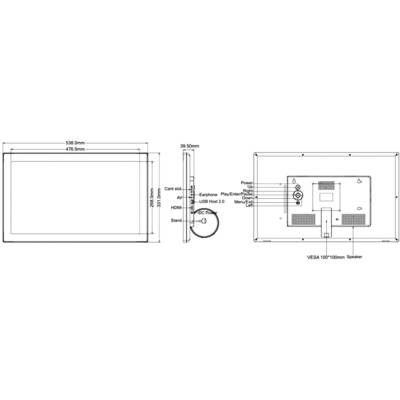 'Appareil inconnu avec dimensions : Largeur 476,5 mm, Hauteur 301 mm ; Connexions : HDMI, USB, Lecteur de cartes ; comprend support VESA 100x100 mm.'