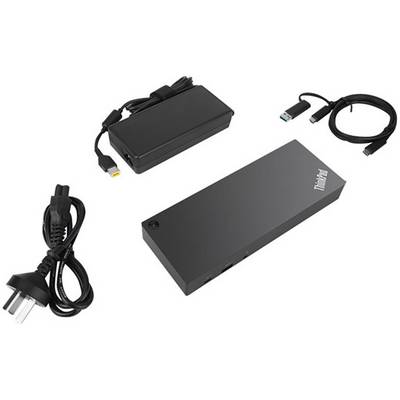 Station d'accueil ThinkPad avec alimentation, câble d'alimentation et câbles USB. Adaptée pour connecter plusieurs appareils à un ordinateur portable.