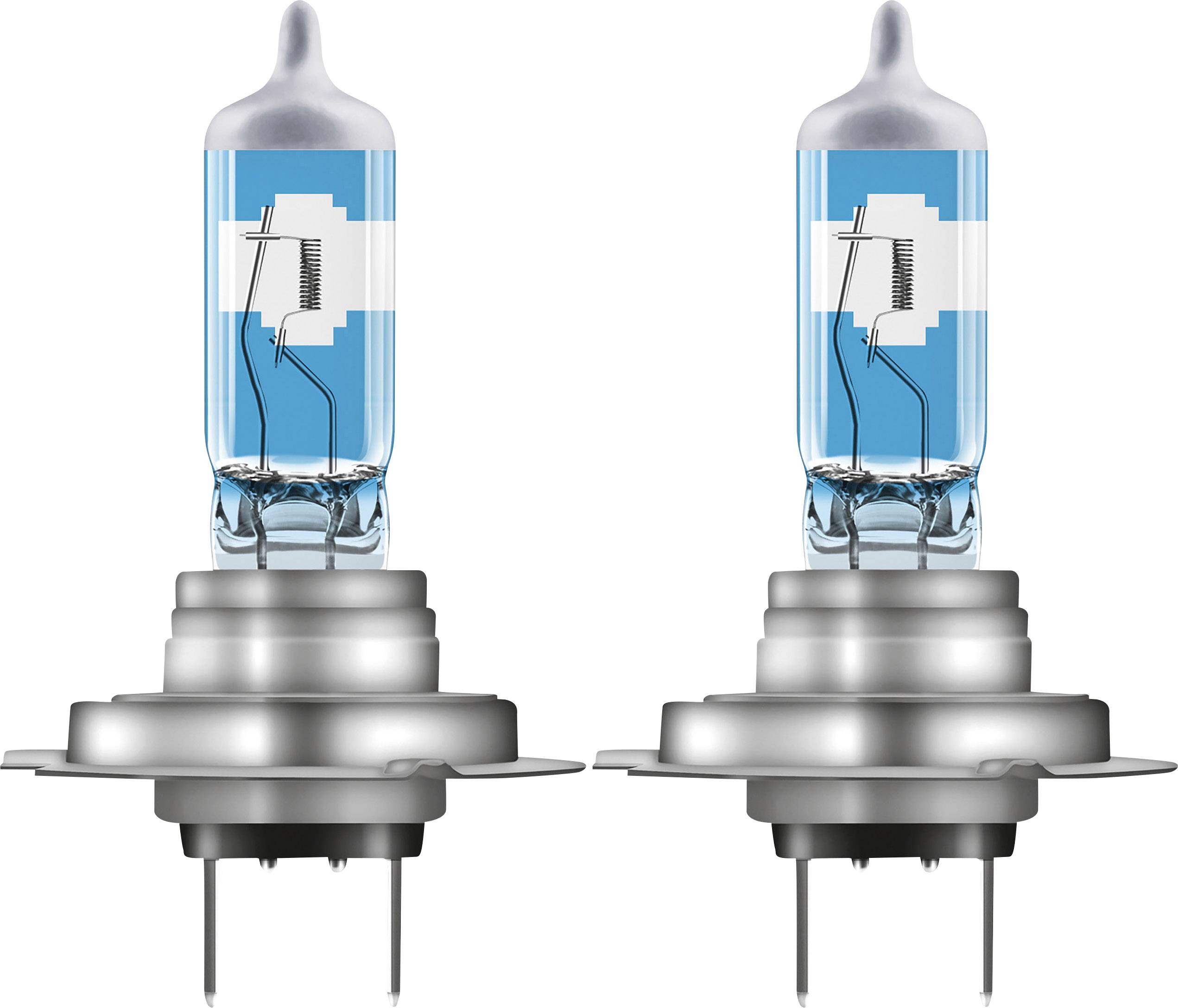 Deux lampes halogènes bleues avec une capsule de verre transparente et une base métallique, placées côte à côte. Elles sont fréquemment utilisées dans les véhicules.