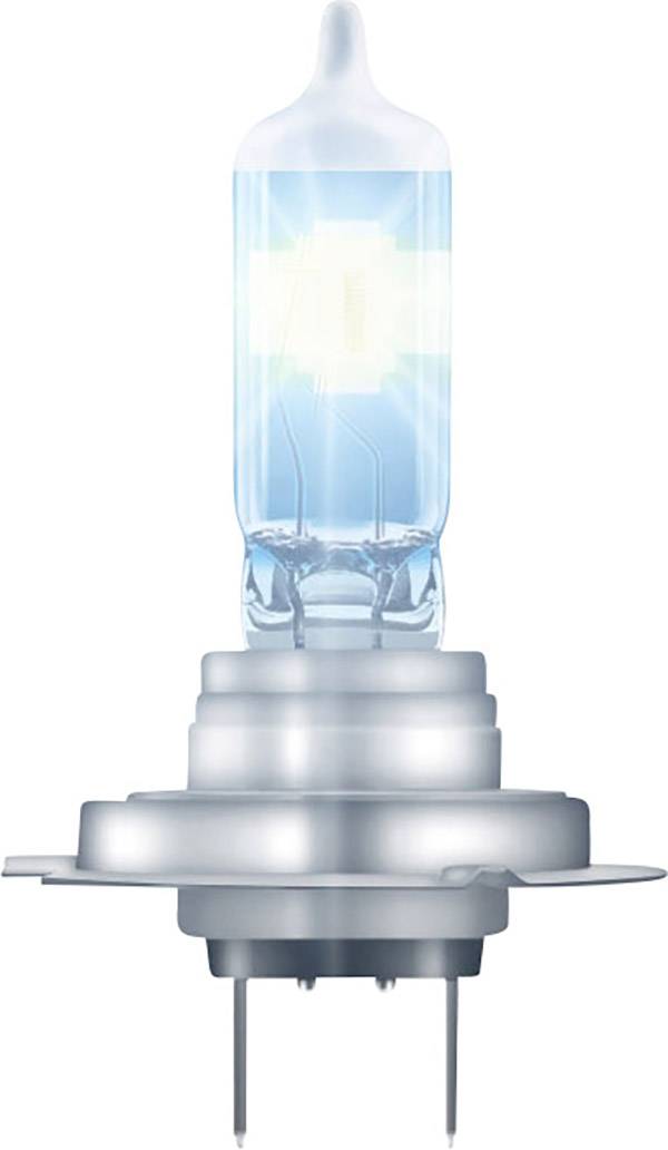Lampe halogène à lueur bleuâtre sur fond blanc. Disposition verticale avec base métallique et partie supérieure en verre.