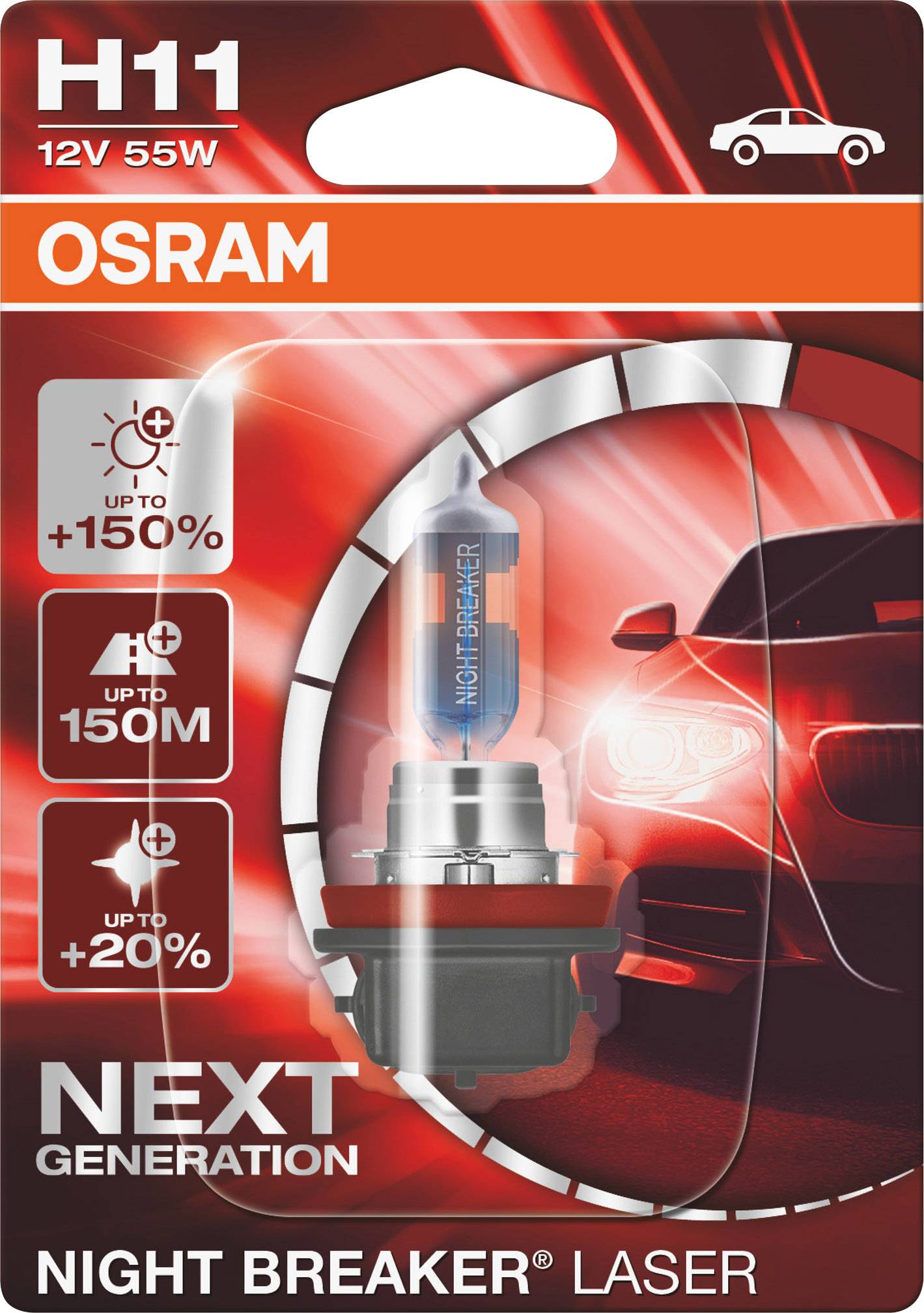 L'emballage présente une lampe automobile OSRAM H11 12V 55W 'Night Breaker Laser'. Promet jusqu'à 150% de luminosité supplémentaire et une portée de 150 mètres.