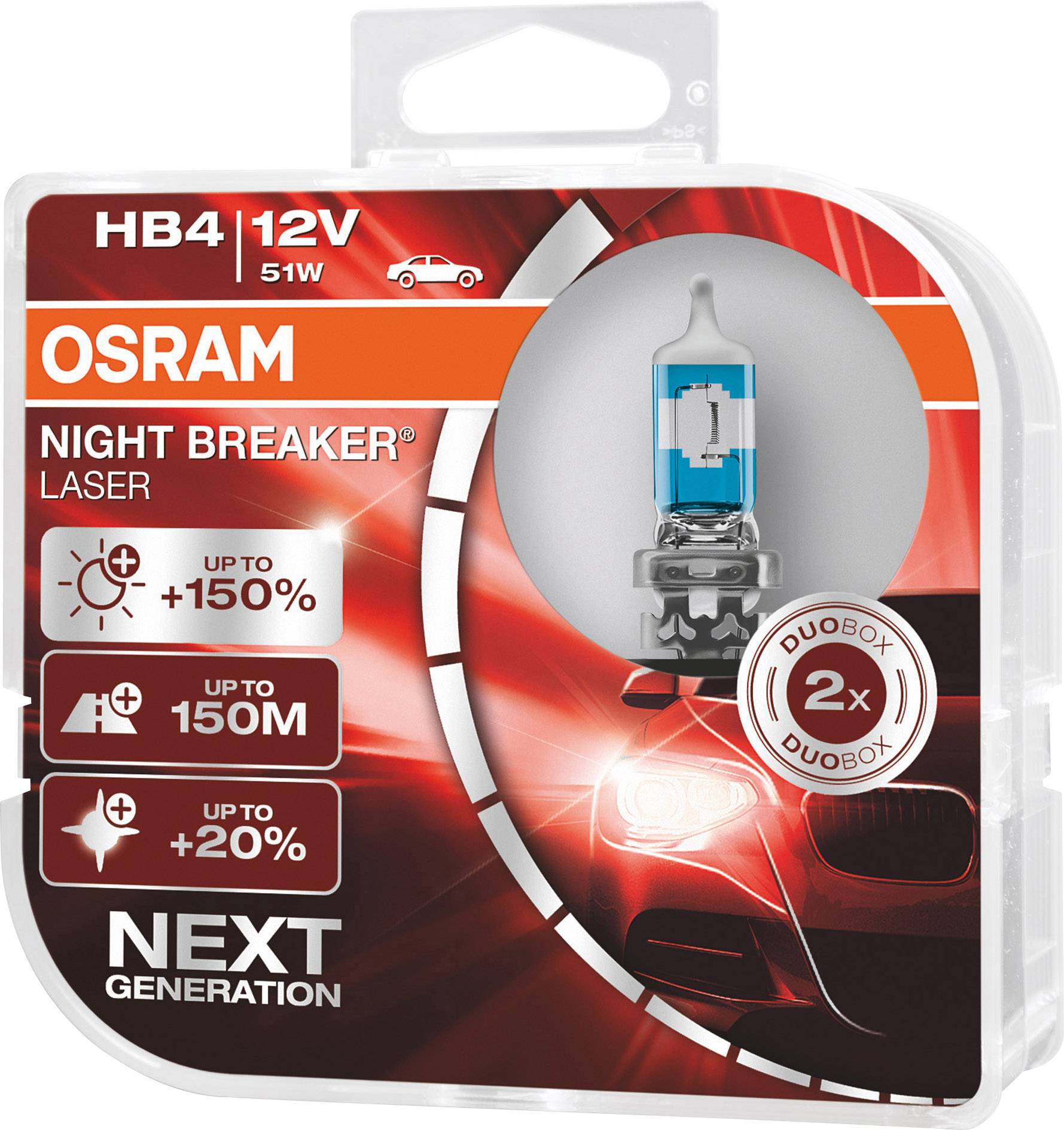 'Osram Night Breaker Laser HB4 12V 51W' Ampoule automobile en emballage avec caractéristiques de performance : '+150% de lumière', 'portée allant jusqu'à 150m', '+20% de lumière plus blanche'.