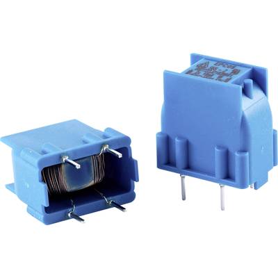 Deux transformateurs d'impression bleus. L'un est couché, montrant les broches et les enroulements ; l'autre est debout, présentant sa face supérieure.