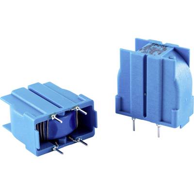 Transformateur électronique bleu en deux vues : couché montrant les bornes de connexion, debout montrant le dessus.