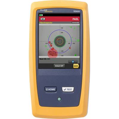 L'image montre un appareil portable nommé 'FiberInspector' affichant un statut de test avec la mention 'FAIL'. Un diagramme graphique est visible sur l'écran.